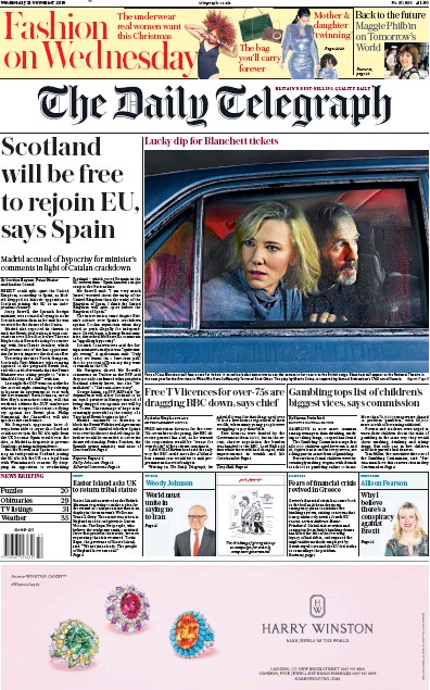 The Daily Telegraph Newspaper Front Page (UK) for 21 November 2018