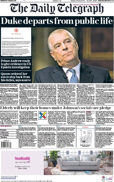 The Daily Telegraph Newspaper Front Page (UK) for 21 November 2019