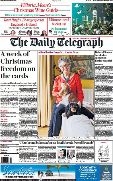 The Daily Telegraph Newspaper Front Page (UK) for 21 November 2020