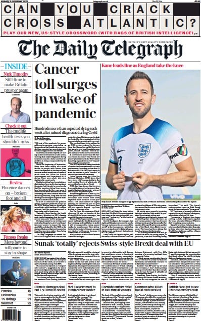 The Daily Telegraph Newspaper Front Page (UK) for 21 November 2022