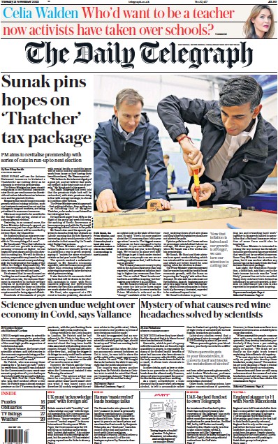 The Daily Telegraph Newspaper Front Page (UK) for 21 November 2023