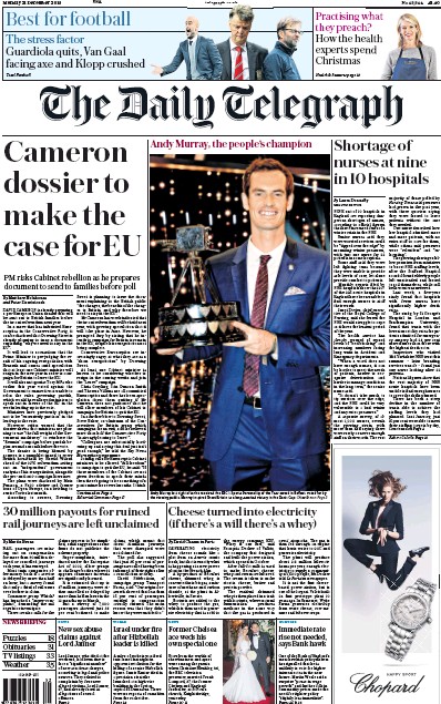The Daily Telegraph Newspaper Front Page (UK) for 21 December 2015