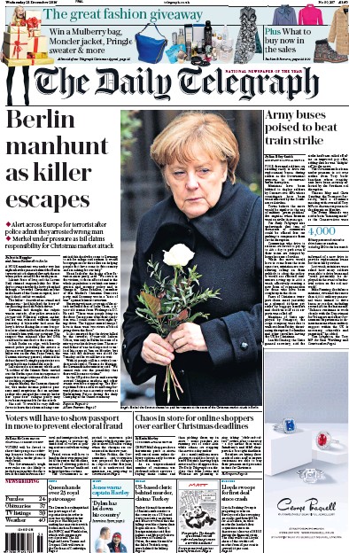 The Daily Telegraph Newspaper Front Page (UK) for 21 December 2016