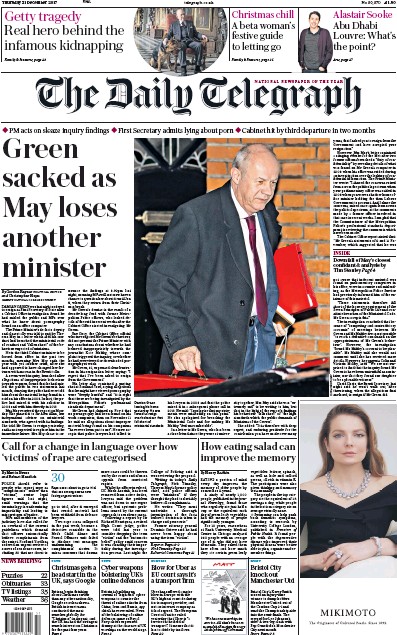 The Daily Telegraph Newspaper Front Page (UK) for 21 December 2017