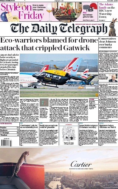 The Daily Telegraph Newspaper Front Page (UK) for 21 December 2018