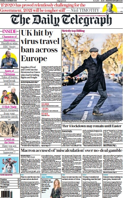 The Daily Telegraph Newspaper Front Page (UK) for 21 December 2020