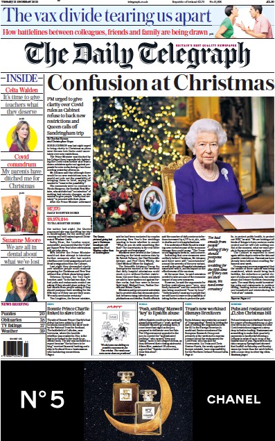 The Daily Telegraph Newspaper Front Page (UK) for 21 December 2021