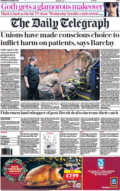 The Daily Telegraph Newspaper Front Page (UK) for 21 December 2022