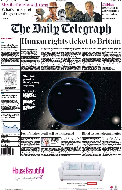 The Daily Telegraph Newspaper Front Page (UK) for 21 January 2016