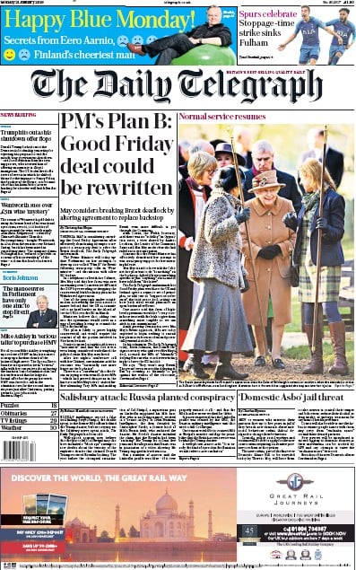 The Daily Telegraph Newspaper Front Page (UK) for 21 January 2019