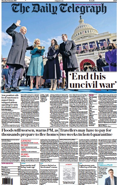 The Daily Telegraph Newspaper Front Page (UK) for 21 January 2021