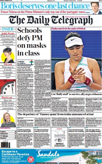The Daily Telegraph Newspaper Front Page (UK) for 21 January 2022