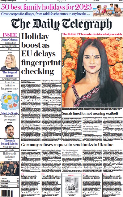 The Daily Telegraph Newspaper Front Page (UK) for 21 January 2023