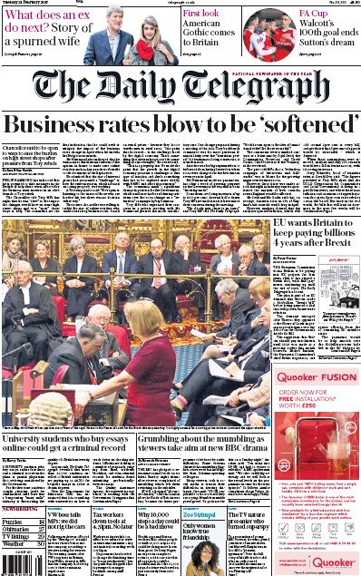 The Daily Telegraph Newspaper Front Page (UK) for 21 February 2017