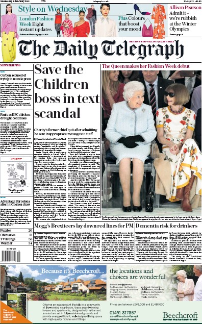 The Daily Telegraph Newspaper Front Page (UK) for 21 February 2018