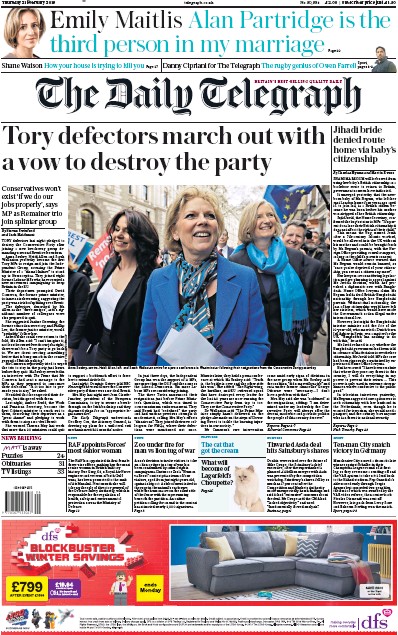 The Daily Telegraph Newspaper Front Page (UK) for 21 February 2019