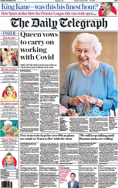 The Daily Telegraph Newspaper Front Page (UK) for 21 February 2022
