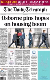 The Daily Telegraph Newspaper Front Page (UK) for 21 March 2013