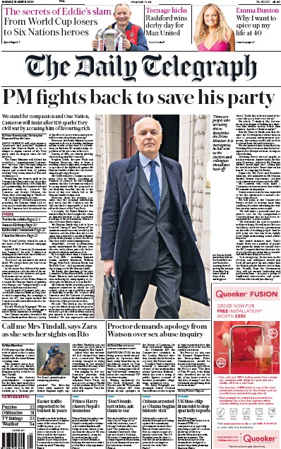 The Daily Telegraph Newspaper Front Page (UK) for 21 March 2016