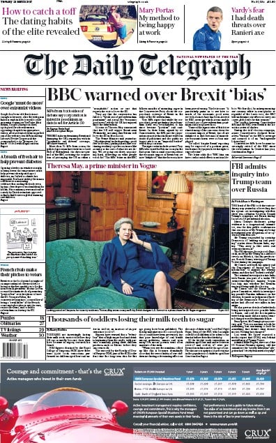 The Daily Telegraph Newspaper Front Page (UK) for 21 March 2017