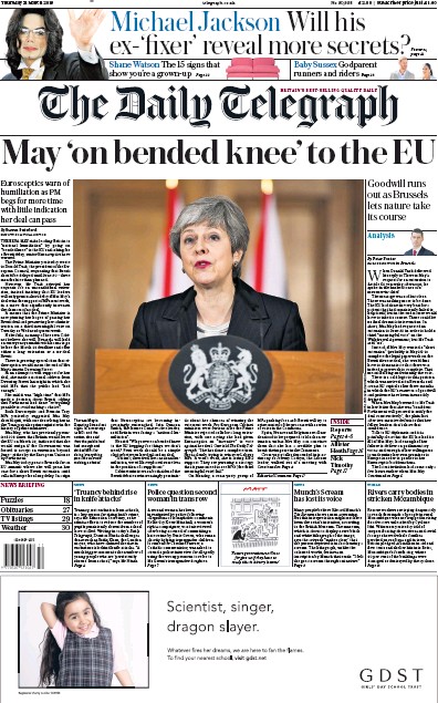 The Daily Telegraph Newspaper Front Page (UK) for 21 March 2019