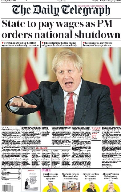 The Daily Telegraph Newspaper Front Page (UK) for 21 March 2020