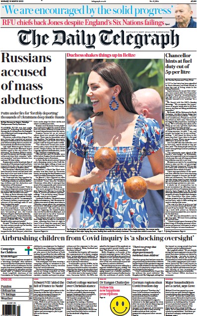 The Daily Telegraph Newspaper Front Page (UK) for 21 March 2022
