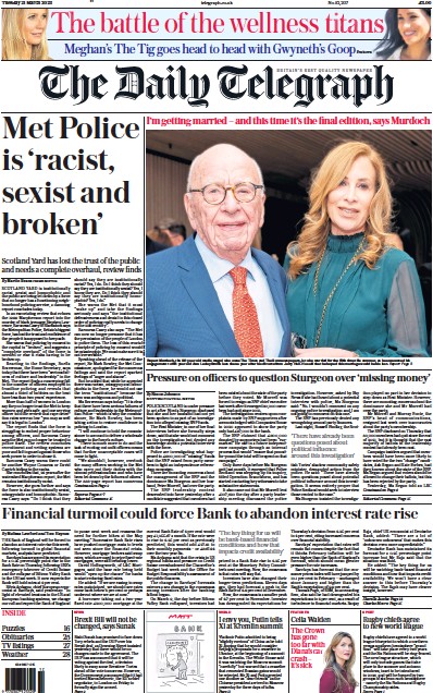 The Daily Telegraph Newspaper Front Page (UK) for 21 March 2023