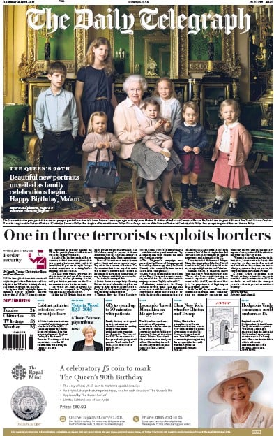 The Daily Telegraph Newspaper Front Page (UK) for 21 April 2016