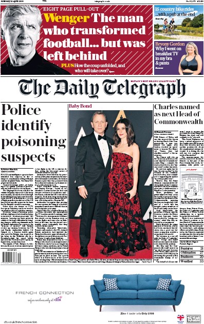 The Daily Telegraph Newspaper Front Page (UK) for 21 April 2018