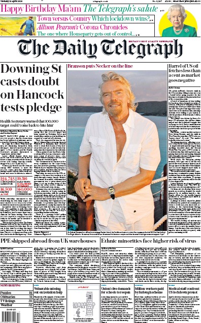 The Daily Telegraph Newspaper Front Page (UK) for 21 April 2020