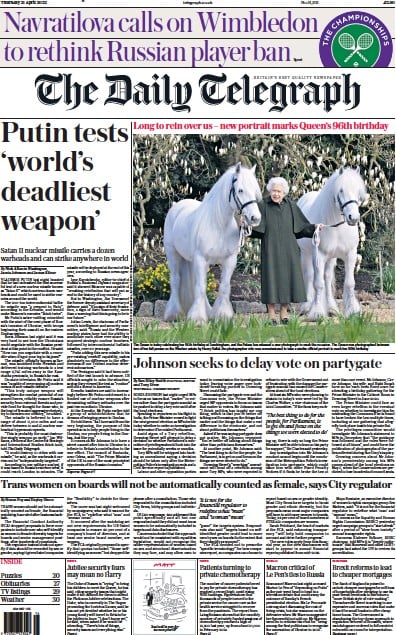 The Daily Telegraph Newspaper Front Page (UK) for 21 April 2022