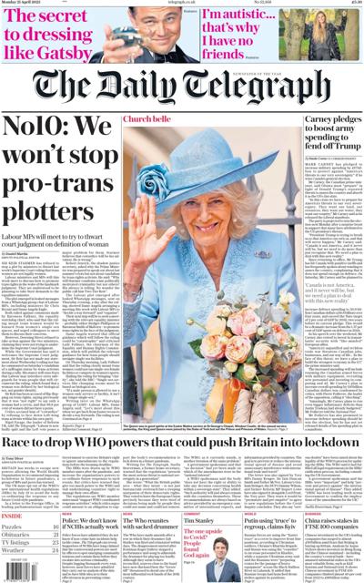 The Daily Telegraph Newspaper Front Page (UK) for 21 April 2025