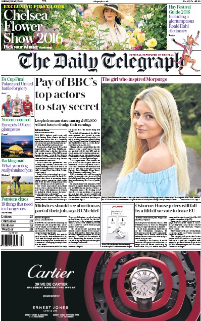 The Daily Telegraph Newspaper Front Page (UK) for 21 May 2016