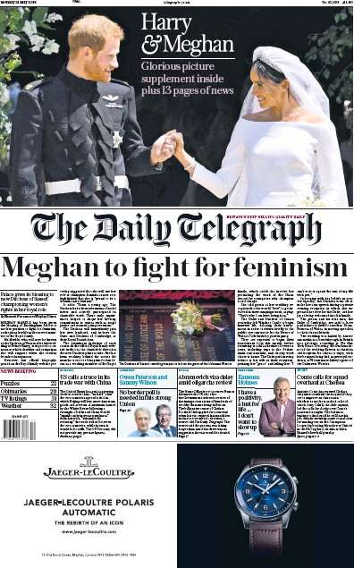 The Daily Telegraph Newspaper Front Page (UK) for 21 May 2018