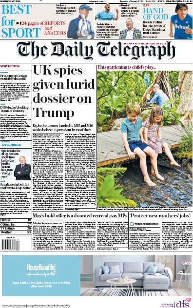 The Daily Telegraph Newspaper Front Page (UK) for 21 May 2019