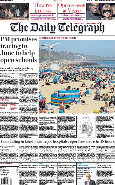 The Daily Telegraph Newspaper Front Page (UK) for 21 May 2020