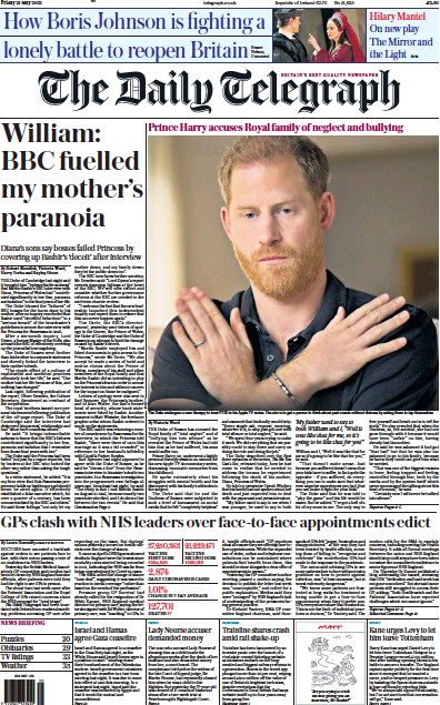 The Daily Telegraph Newspaper Front Page (UK) for 21 May 2021