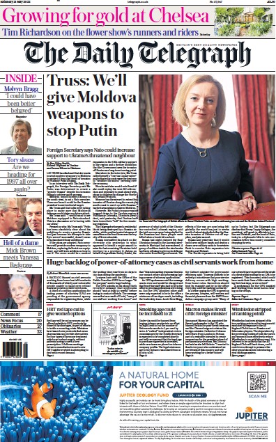 The Daily Telegraph Newspaper Front Page (UK) for 21 May 2022
