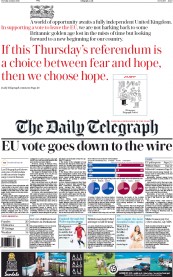 The Daily Telegraph (UK) Newspaper Front Page for 21 June 2016