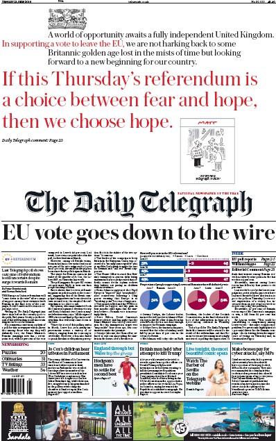The Daily Telegraph Newspaper Front Page (UK) for 21 June 2016