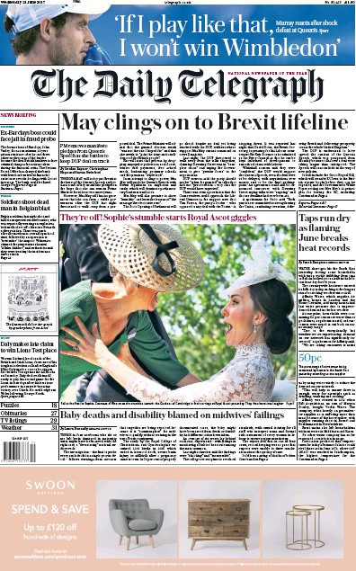The Daily Telegraph Newspaper Front Page (UK) for 21 June 2017