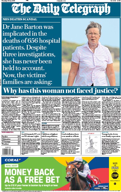 The Daily Telegraph Newspaper Front Page (UK) for 21 June 2018
