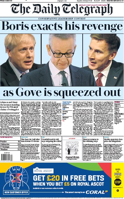 The Daily Telegraph Newspaper Front Page (UK) for 21 June 2019