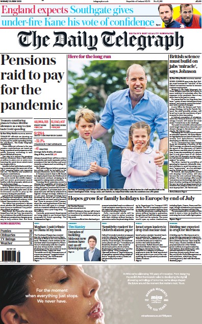 The Daily Telegraph Newspaper Front Page (UK) for 21 June 2021