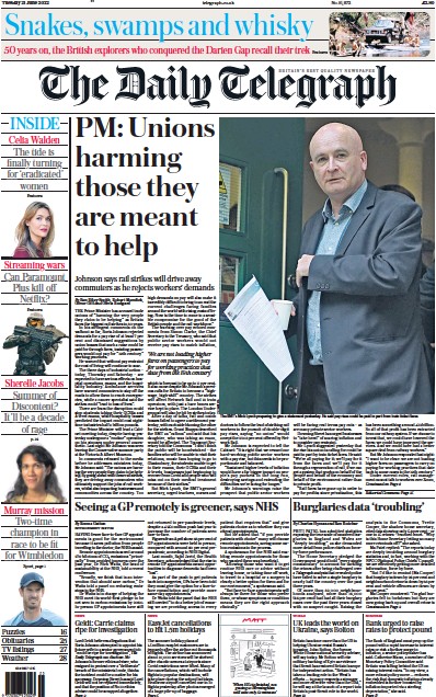 The Daily Telegraph Newspaper Front Page (UK) for 21 June 2022