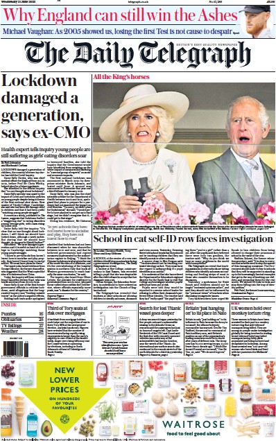The Daily Telegraph Newspaper Front Page (UK) for 21 June 2023