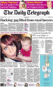 The Daily Telegraph Newspaper Front Page (UK) for 21 July 2011