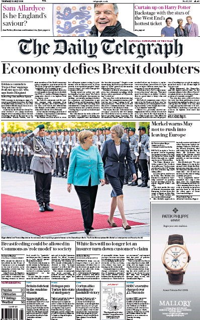 The Daily Telegraph Newspaper Front Page (UK) for 21 July 2016
