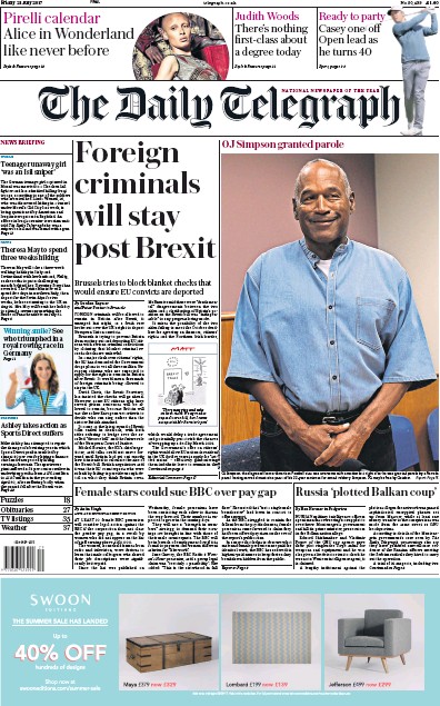 The Daily Telegraph Newspaper Front Page (UK) for 21 July 2017